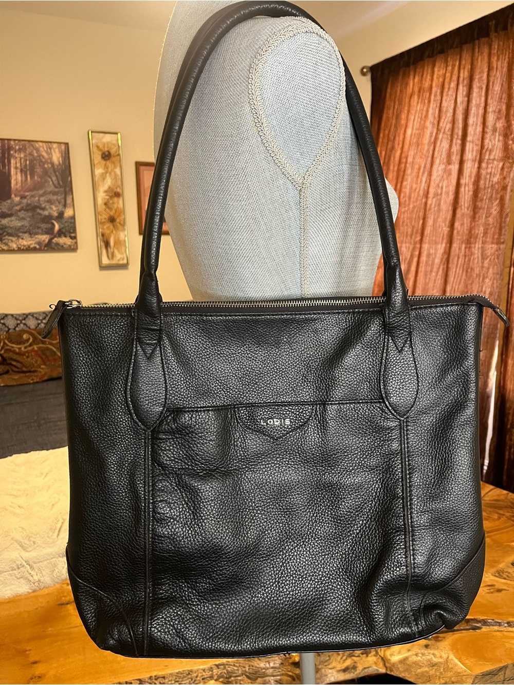 Lodis Siera Tote Black Pebbled Leather with Striking Colorful Floral Lining